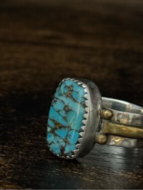 Turquoise Stone Silver Band Ring - Blue Turquoise Accent